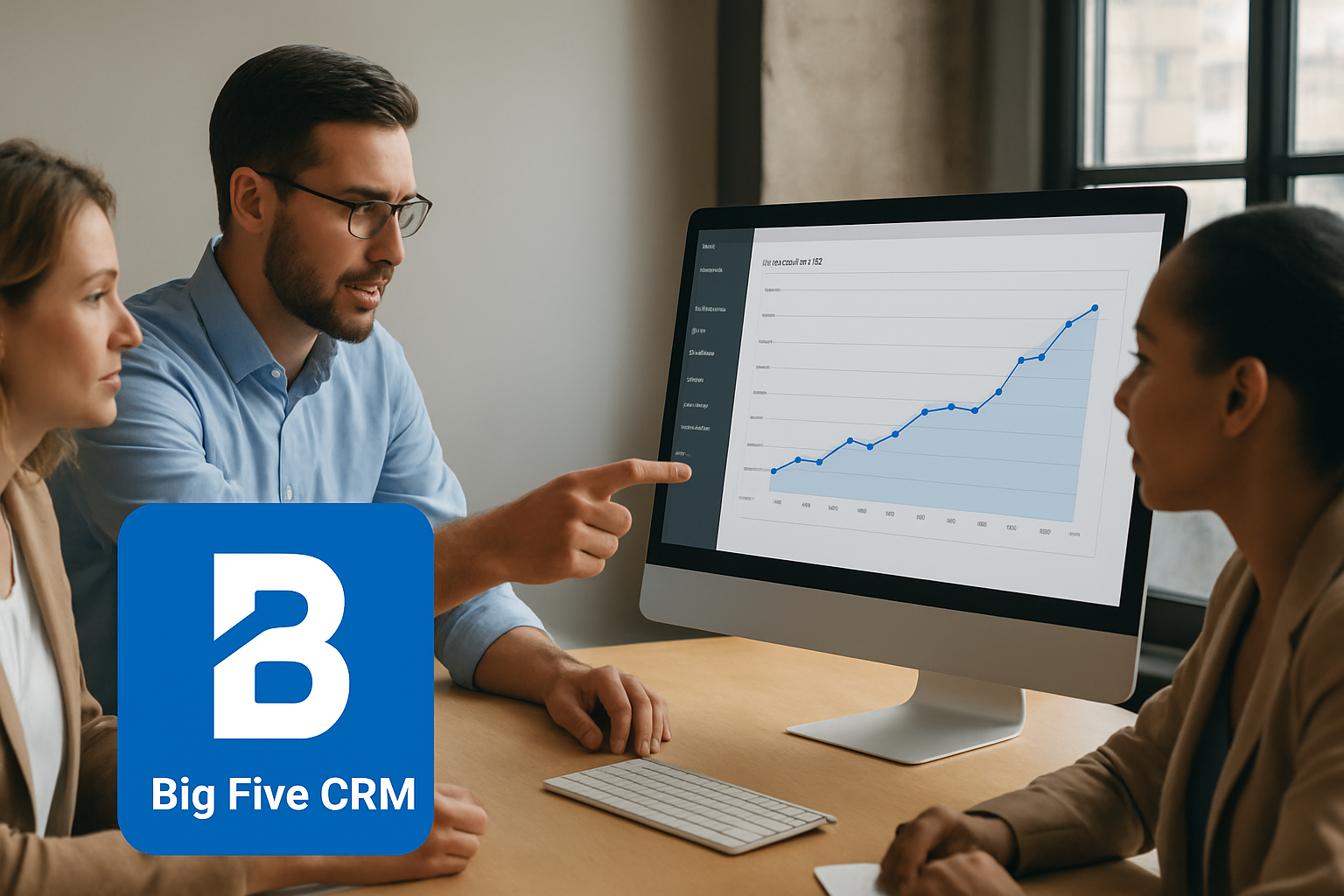 Affordable CRM for startups: startup team discussing Affordable CRM with a growth graph and Big Five CRM logo
