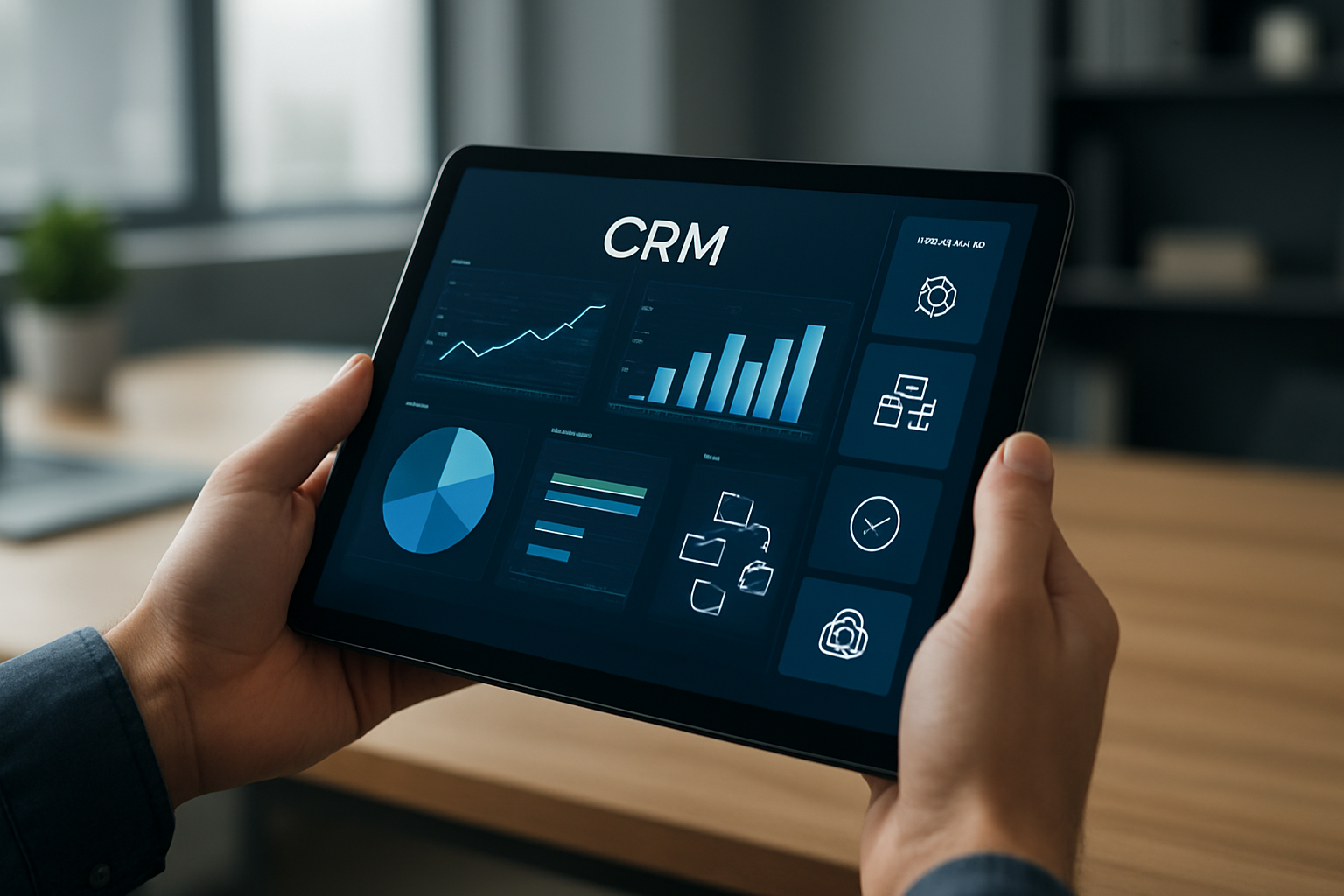 A futuristic CRM dashboard in 2027 on a tablet.