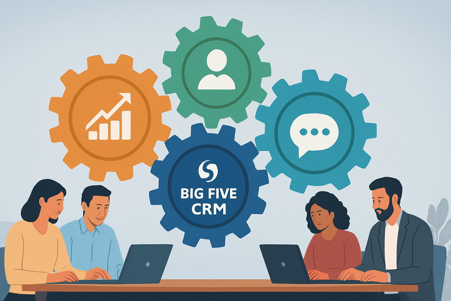 Illustration of small business CRM system gears with Big Five CRM logo
